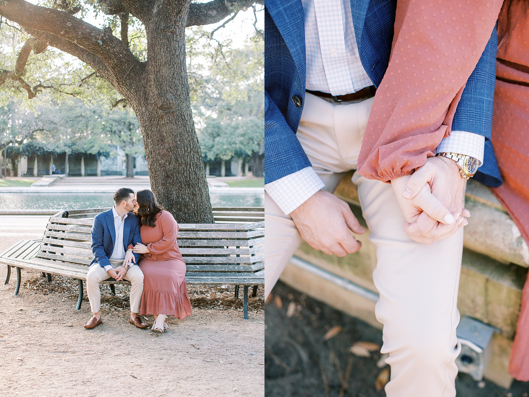couple holding hands on bench at hermann park