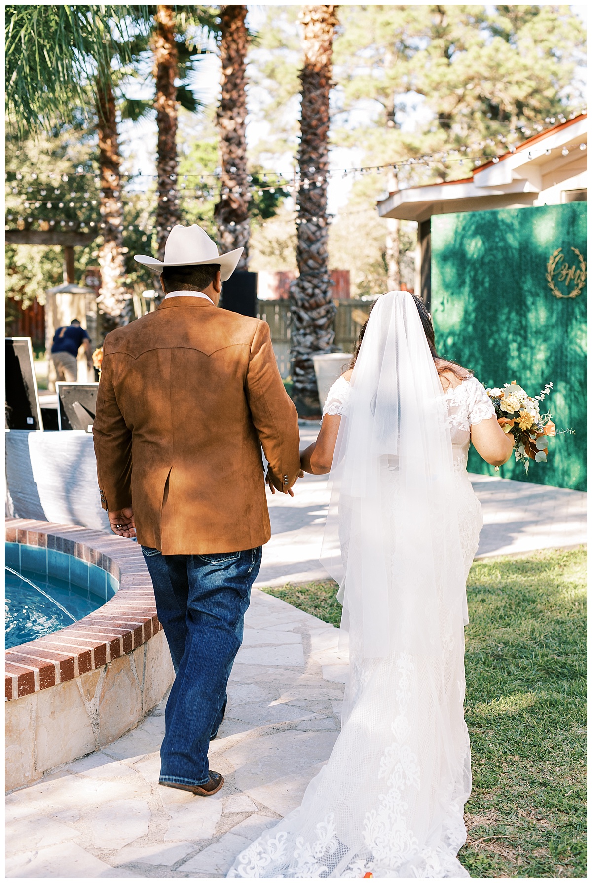 bride and groom walk to reception