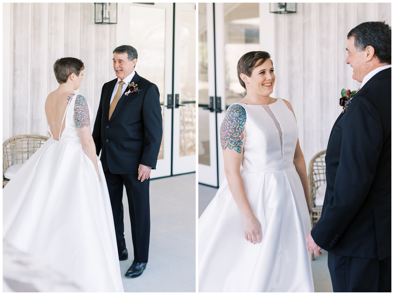 father smiling at bride first look on patio at Arrowhiead HIll in Montgomery Texas