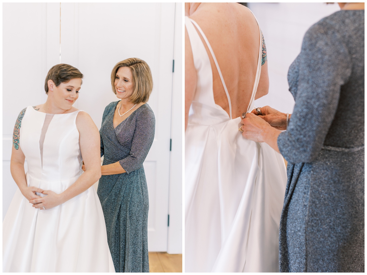 mother of bride buttoning brides dress for wedding at Arrowhead Hill in Montgomery, Texas