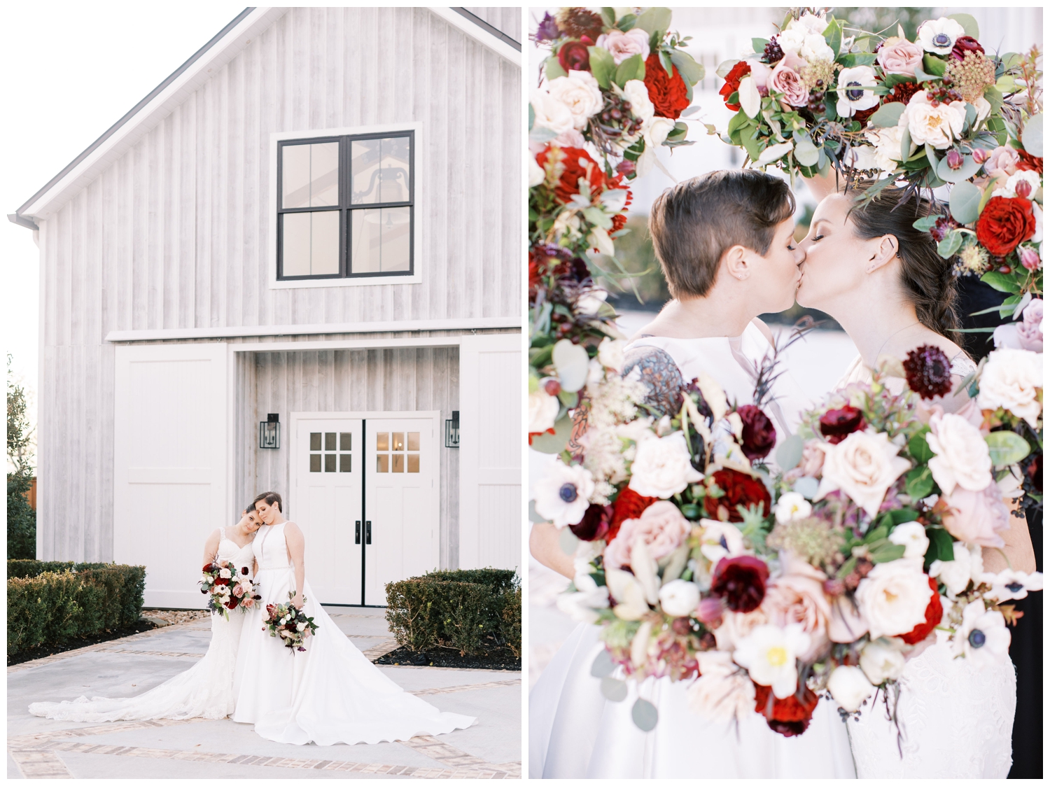 kissing brides surrounded by floral bouquets outside reception hall at Arrowhead Hill