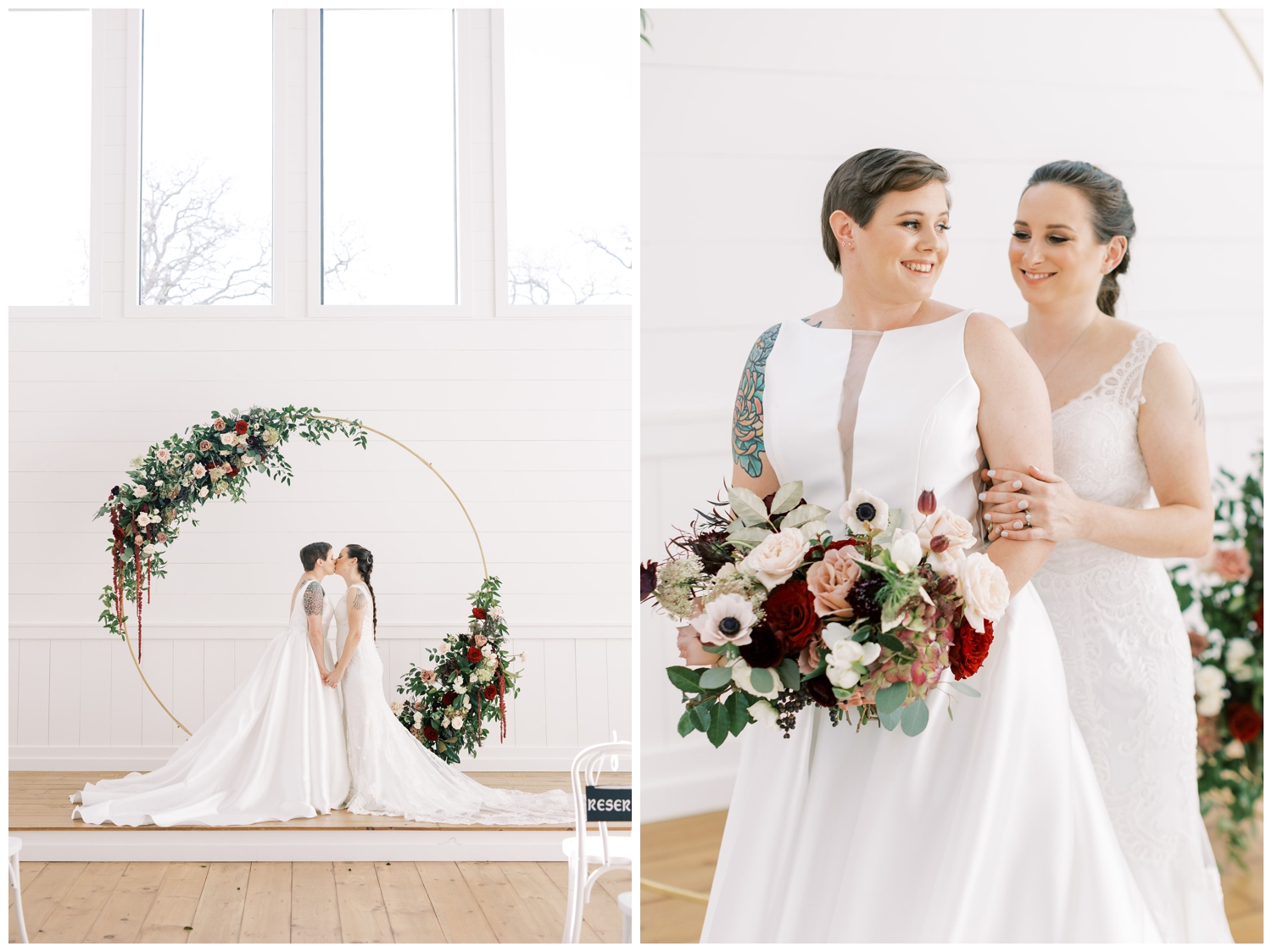 two brides inside chapel at Arrowhead Hill kissing under floral hoop