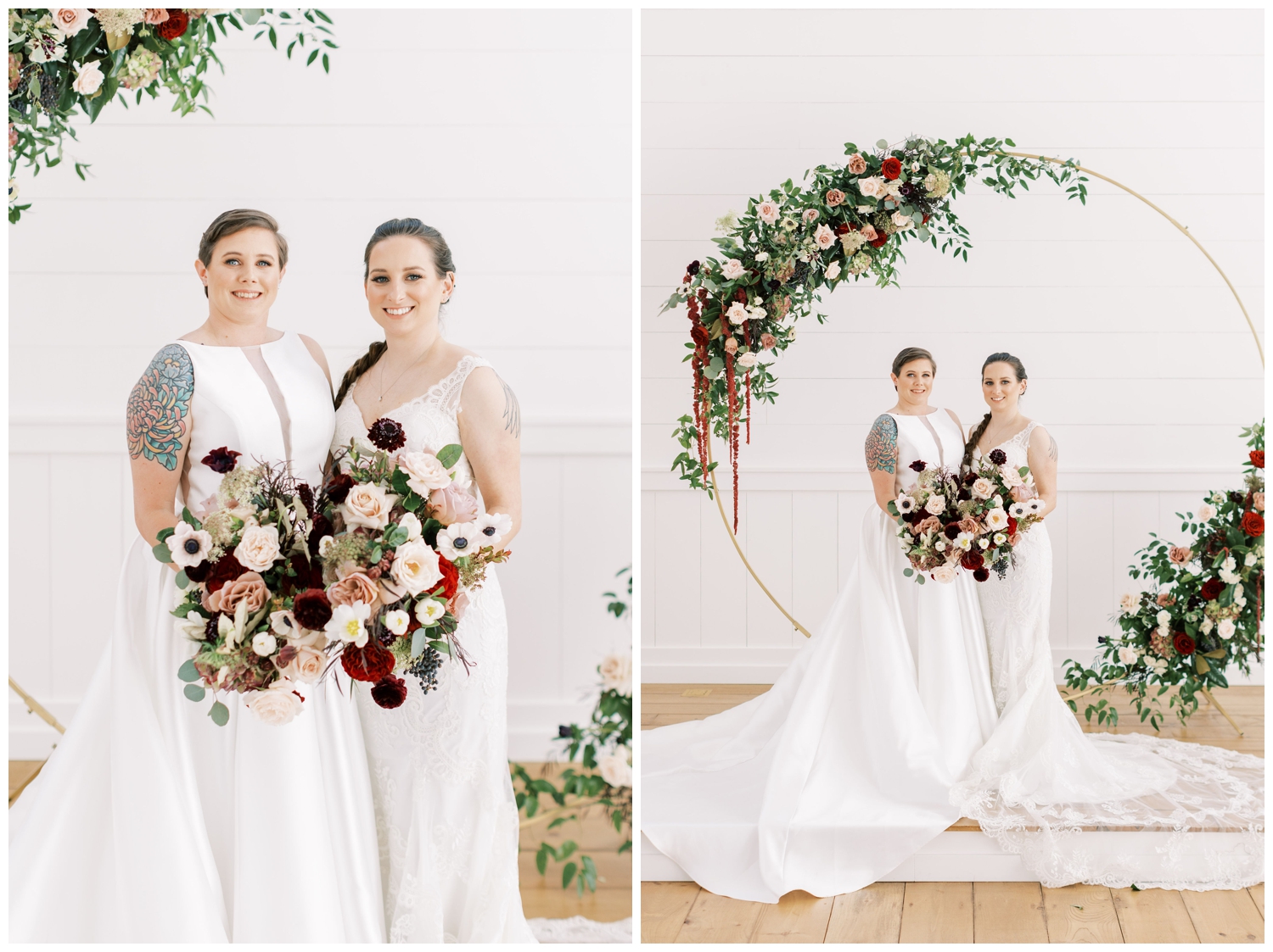two brides holding burgundy bouquets standing under floral hoop