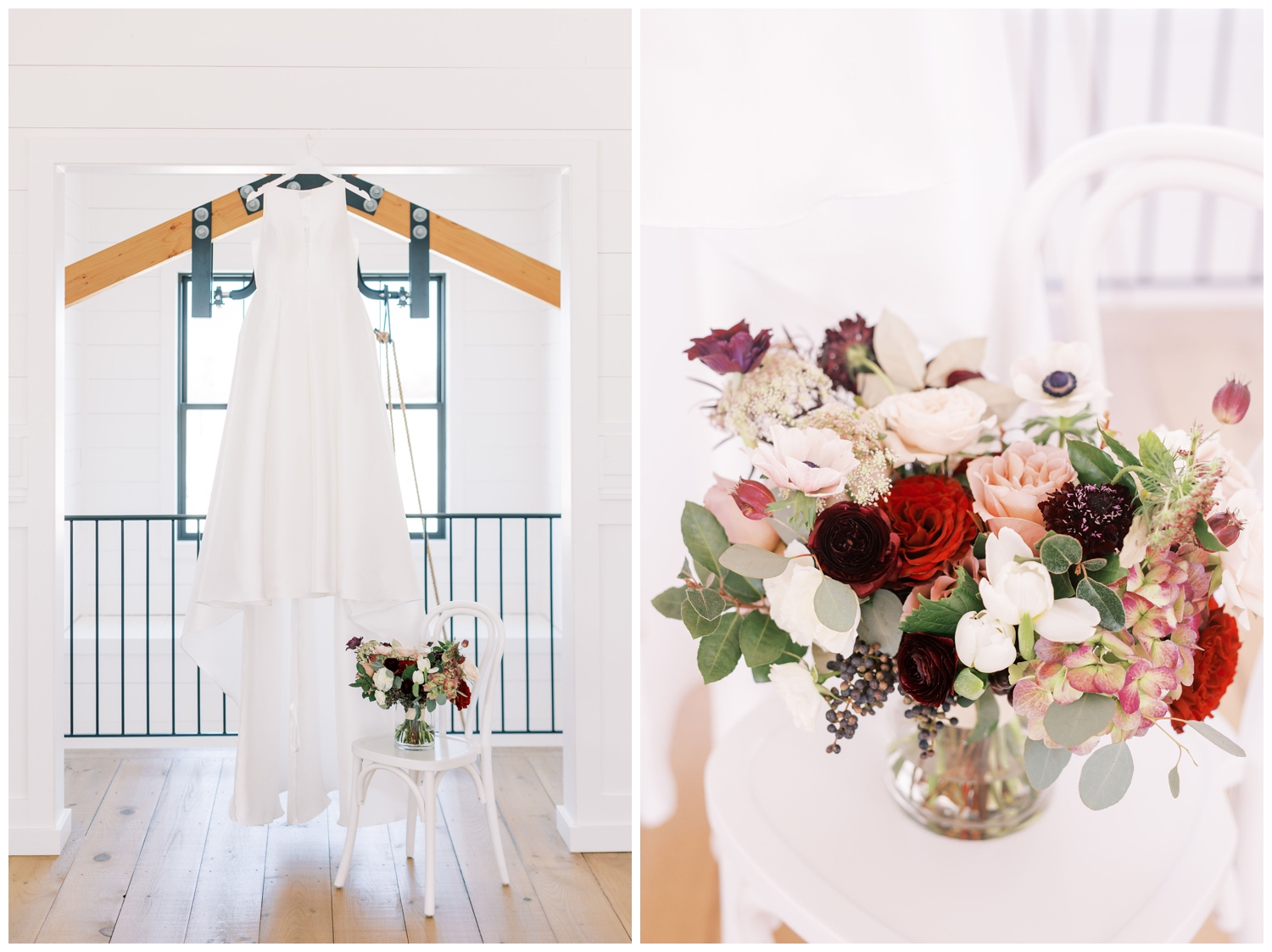 white wedding gown and burgundy bouquet hanging at Arrowhead Hill