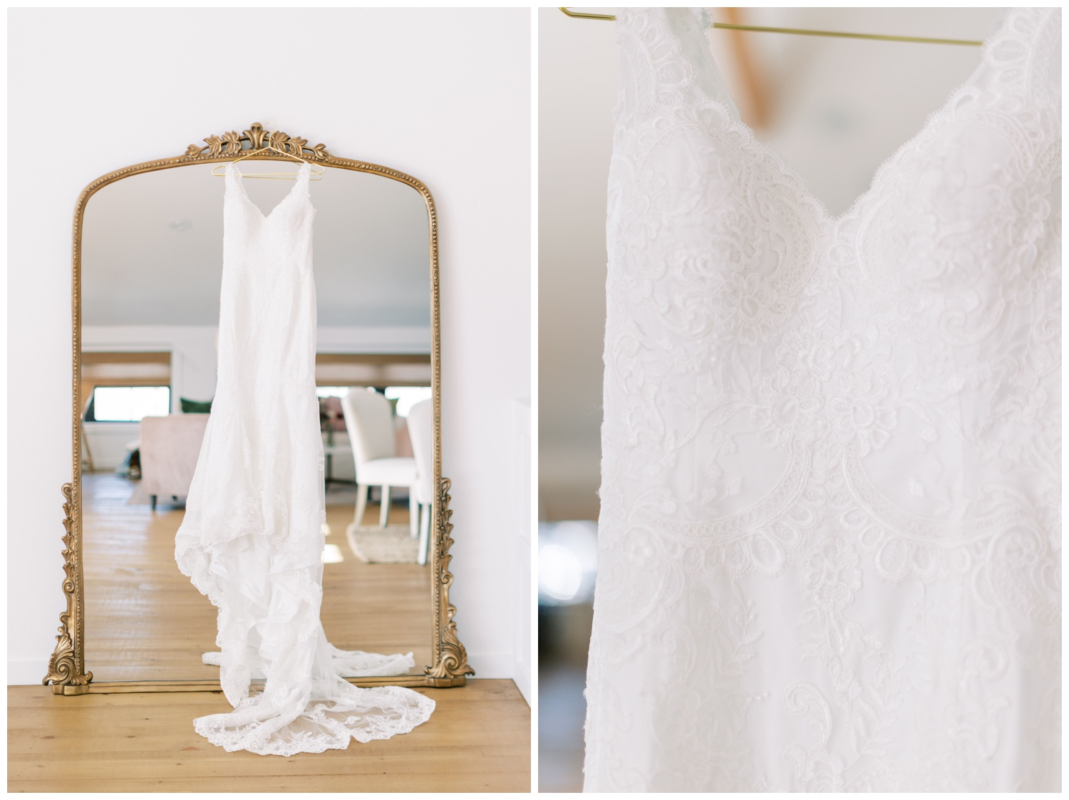 white wedding gown hanging from mirror at Arrowhead Hill wedding venue