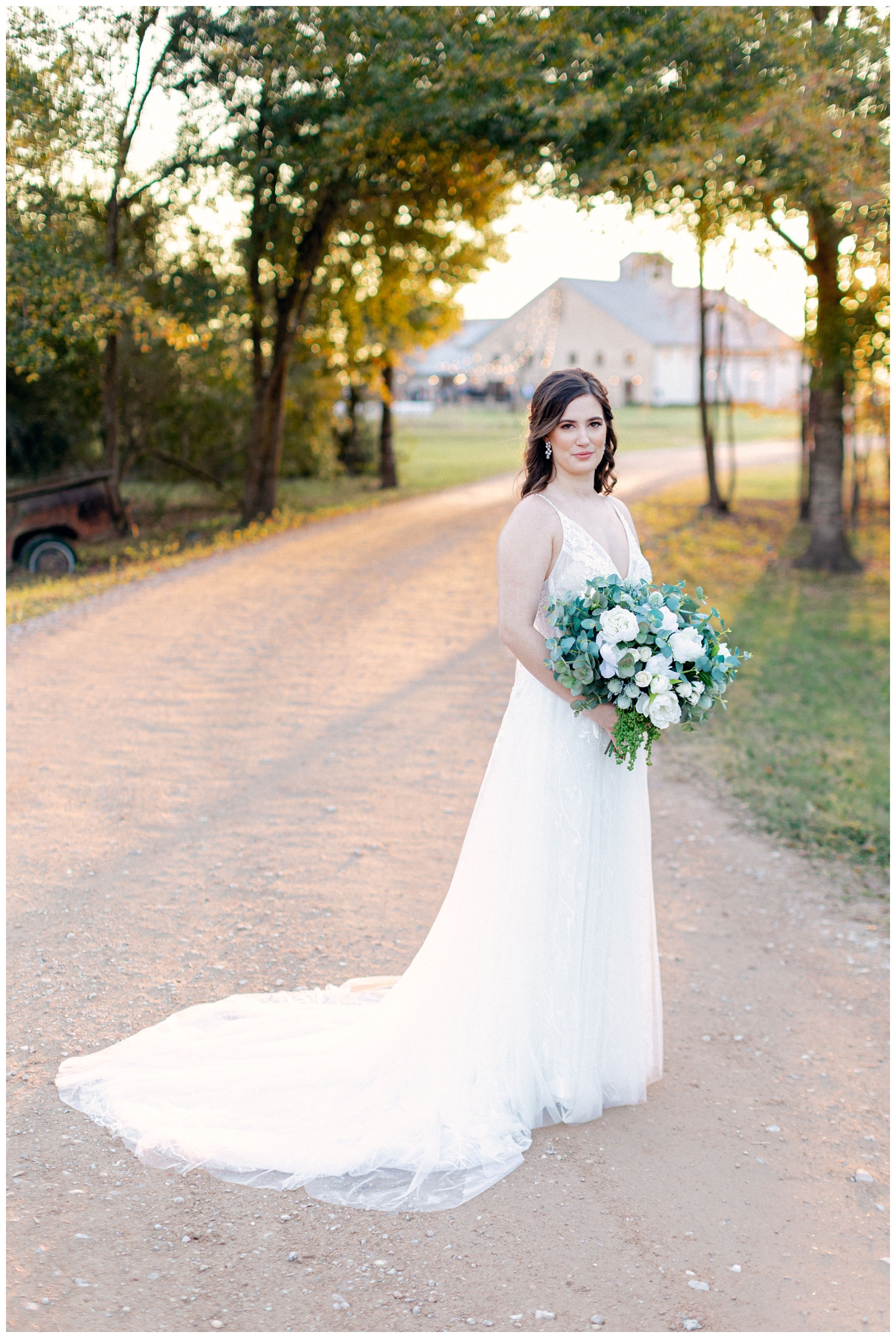 bride standing on pathway for sunset bridal portrait