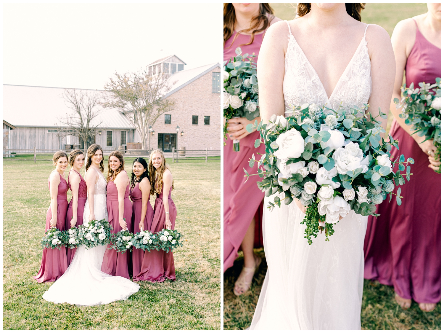 bride and bridesmaid in rose dresses with white and green bouquet oustide at Beckendorff Farms wedding