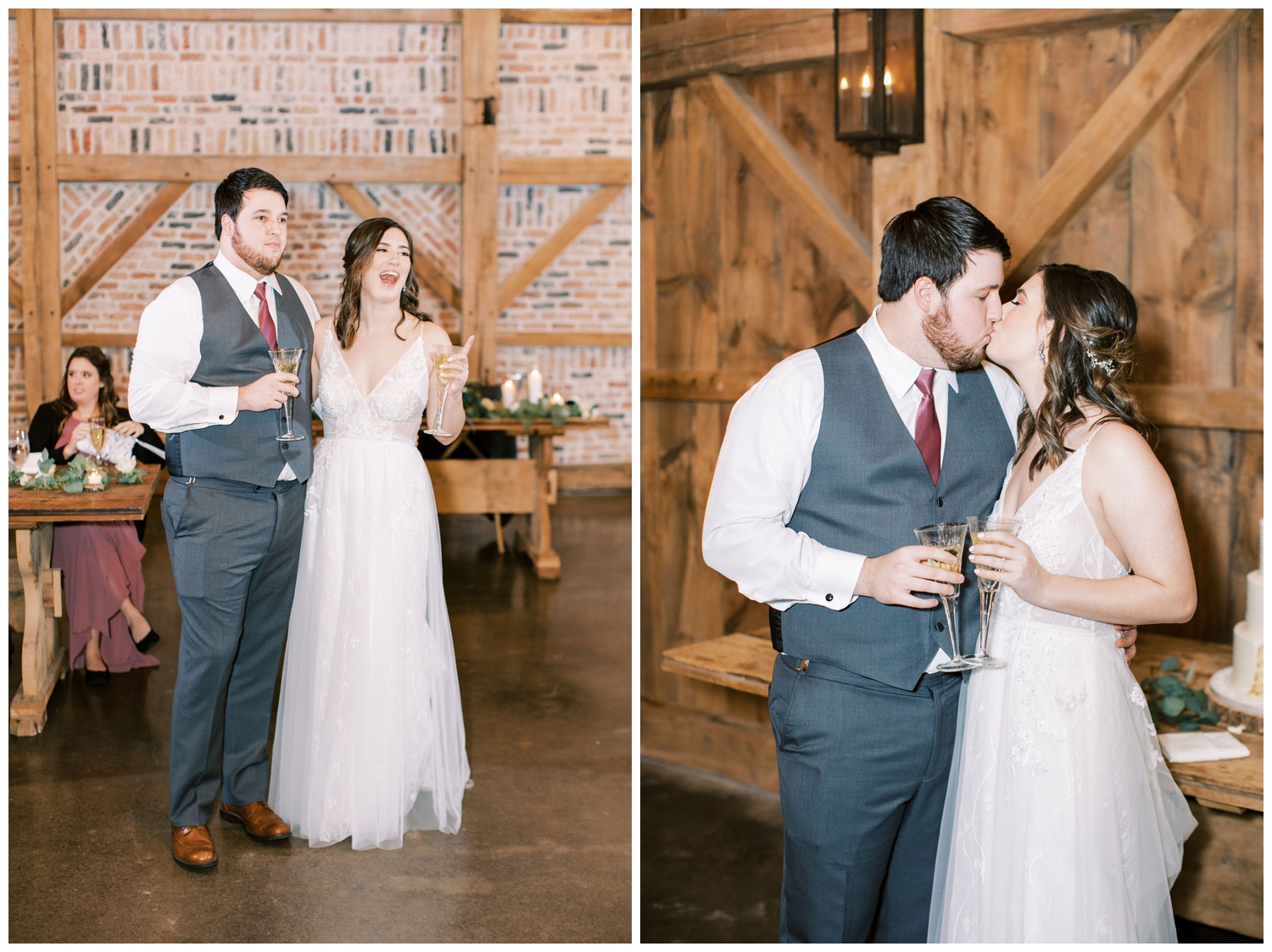 bride and groom kissing during reception toasts