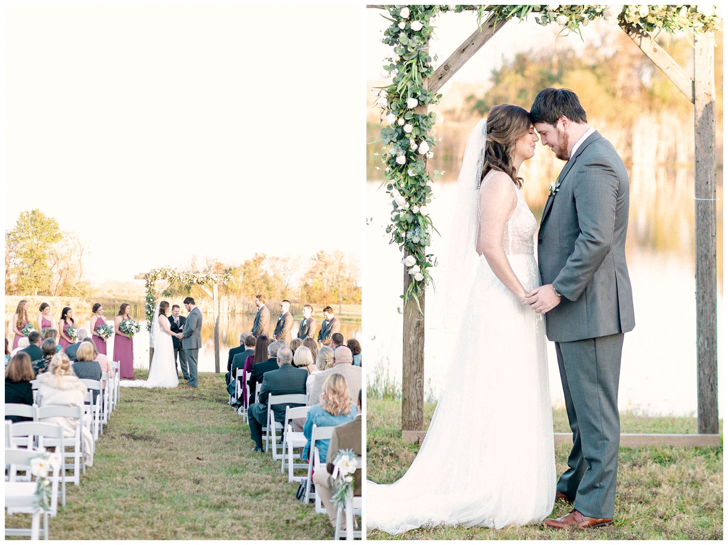bride and groom under floral arch at Beckendorff Farms Wedding