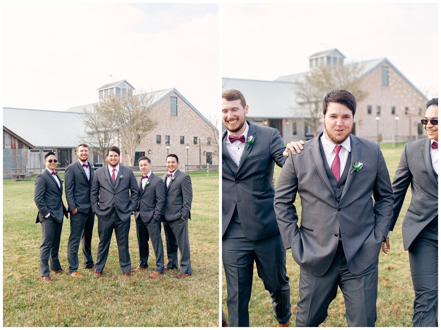 groom with groomsmen standing outside the reception hall at Beckendorff Farms wedding
