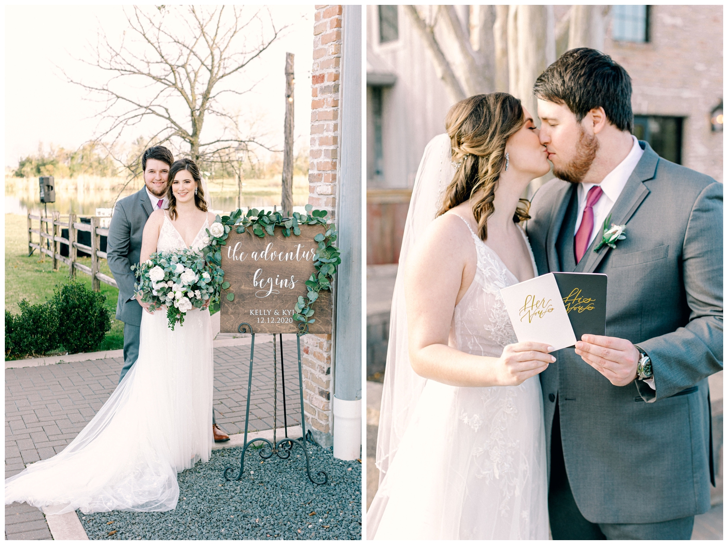 bride and groom kissing holding vow books