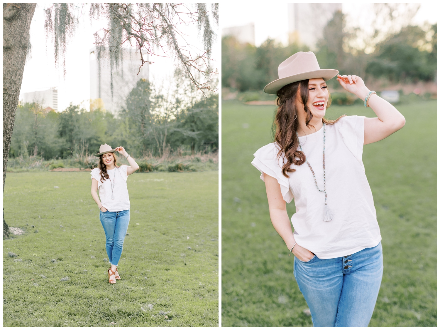 girl in white shirt and jeans with hat on laughing in a field