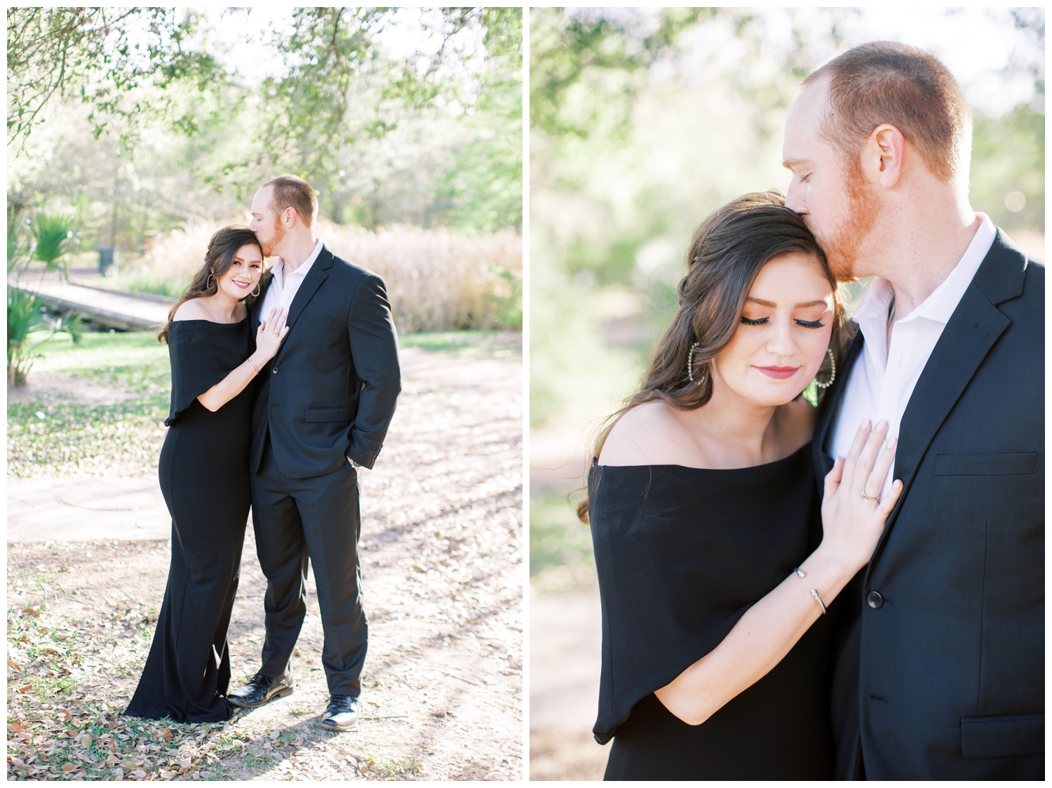 engage couple under a tree in black dress and black suit at Hermann Park, Houston, Texas