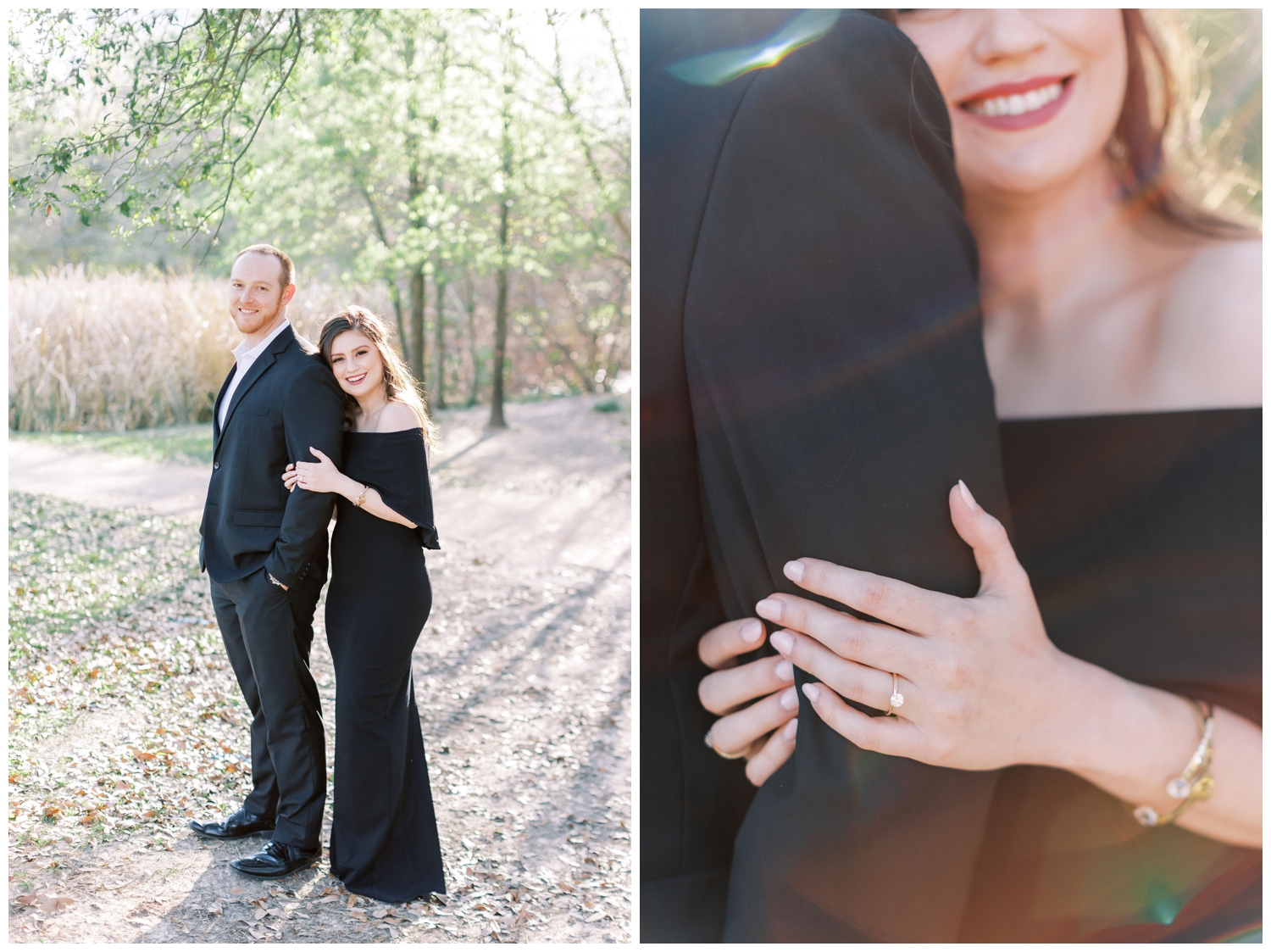 Houston Texas couple in black formal wear posing for portraits outdoors