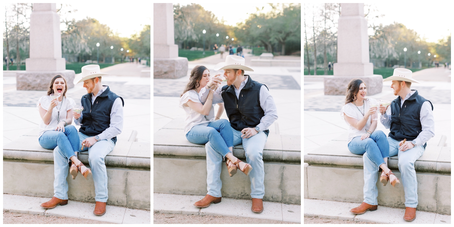 couple drinking champagne at Houston engagement session