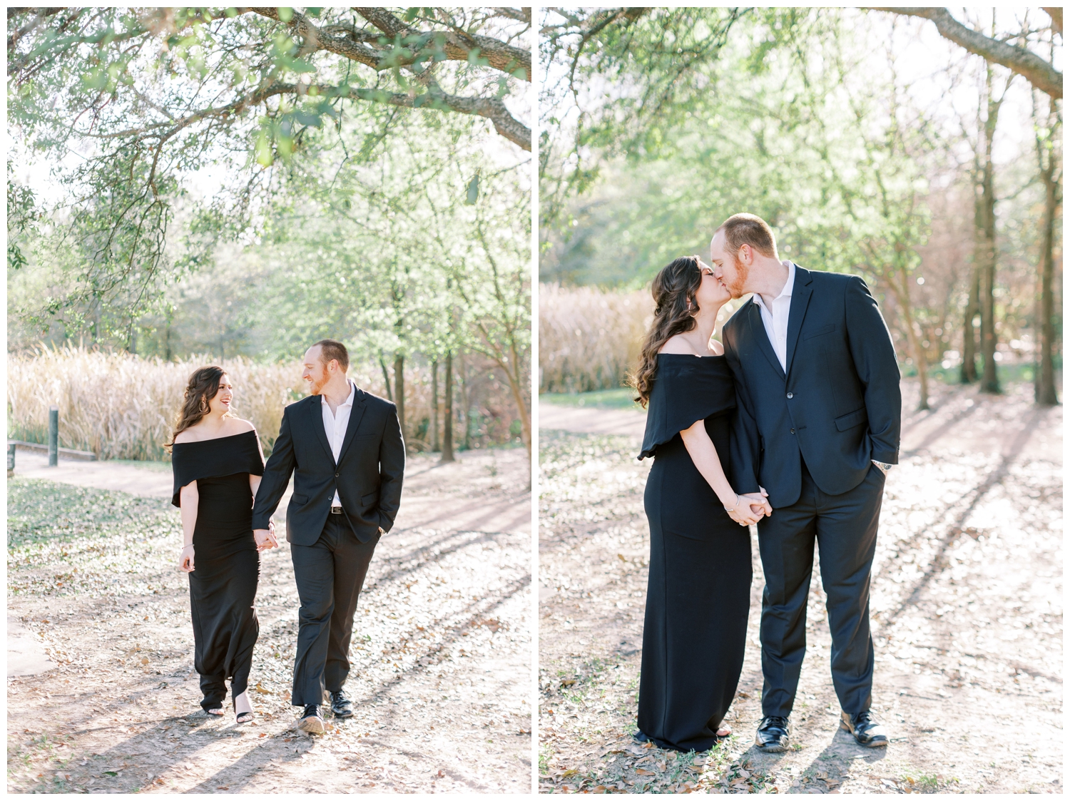 couple in black suit and black dress kissing under a tree