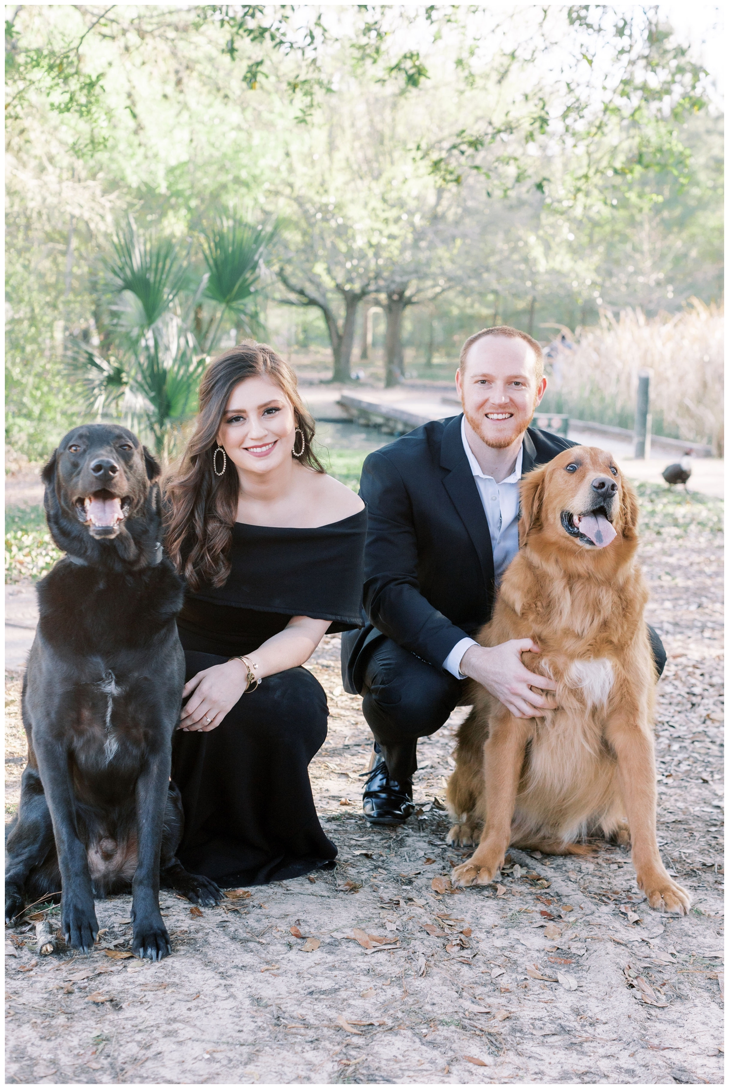 couple posing in the park with their dogs for Houston engagement session