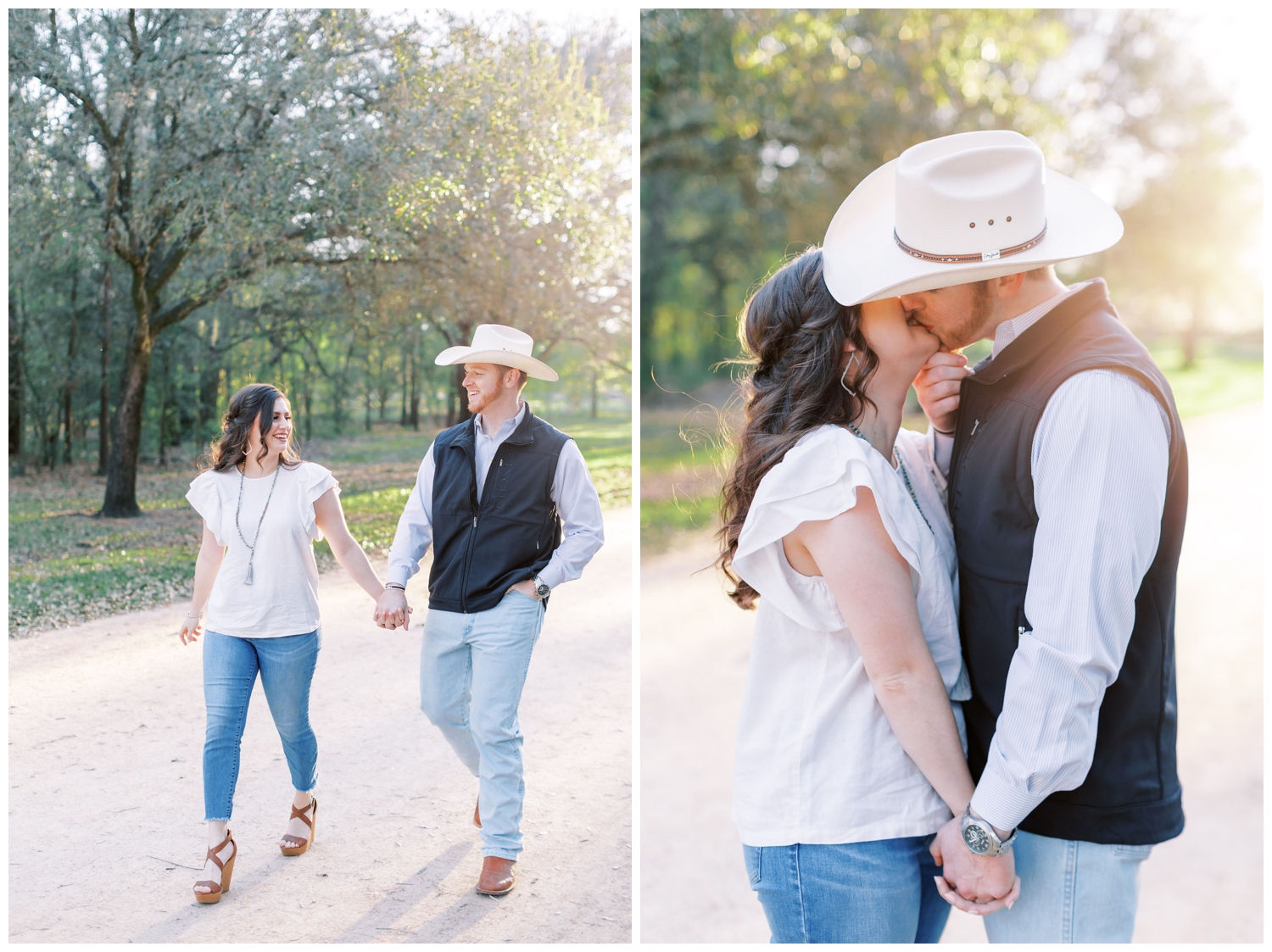 bride and groom in denim jeans walking and kissing in Houston at Hermann Park