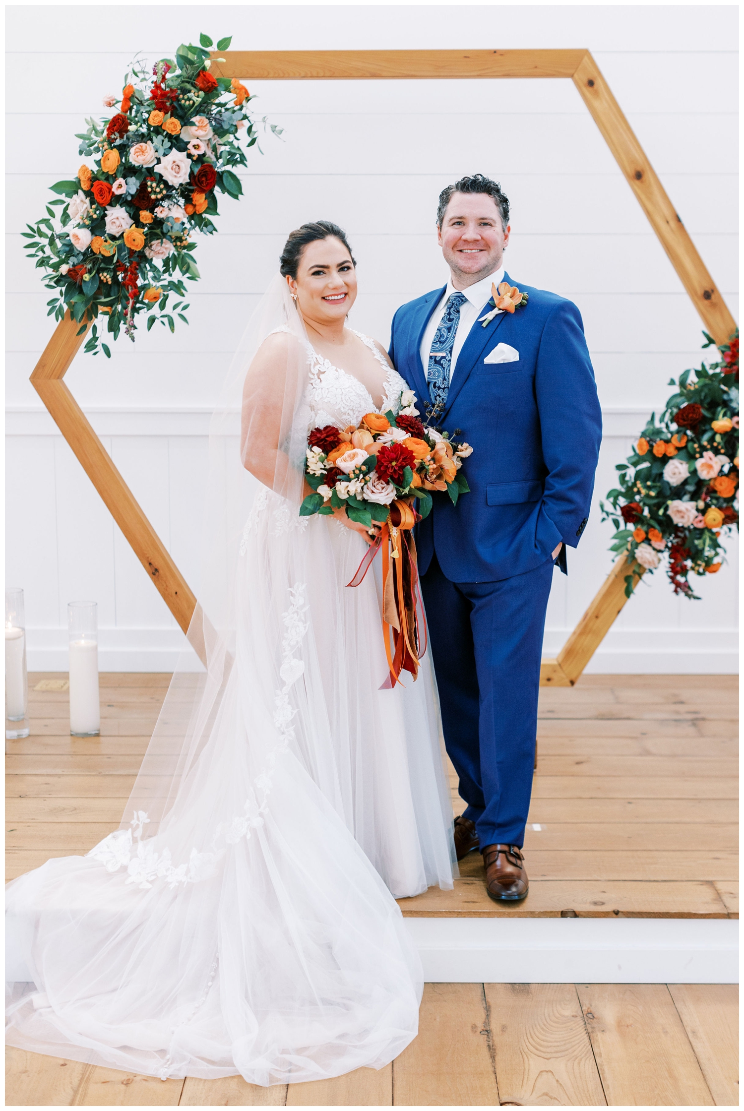 bride and groom portrait by arch in chapel at Arrowhead Hill