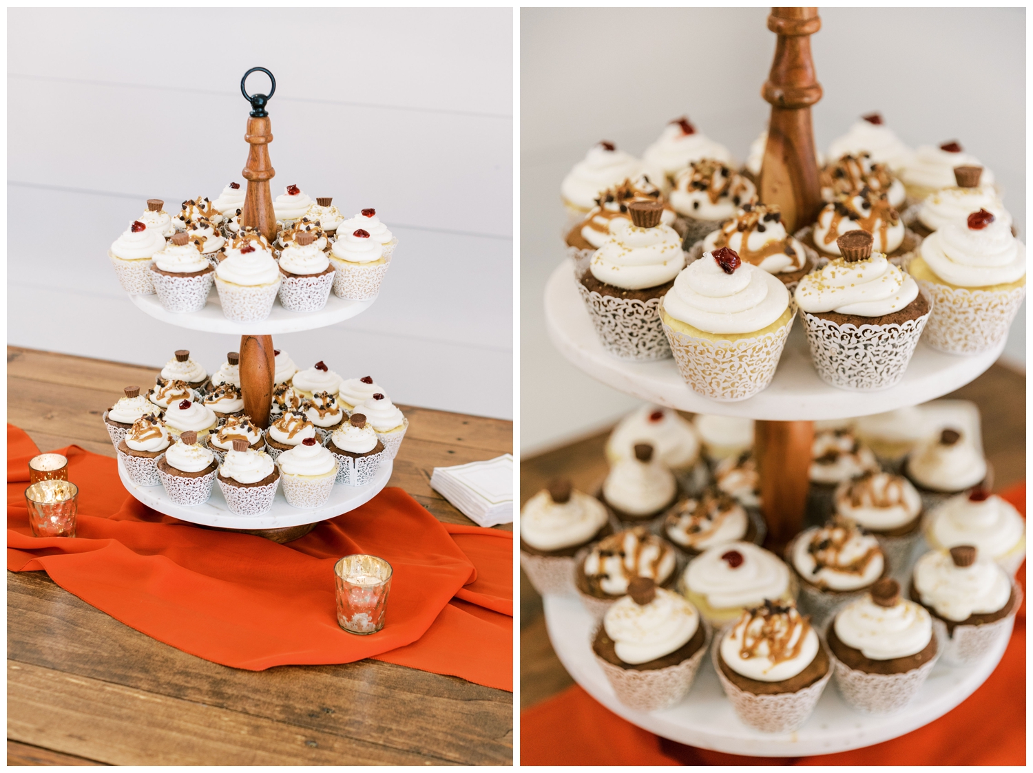 white and brown cupcake display