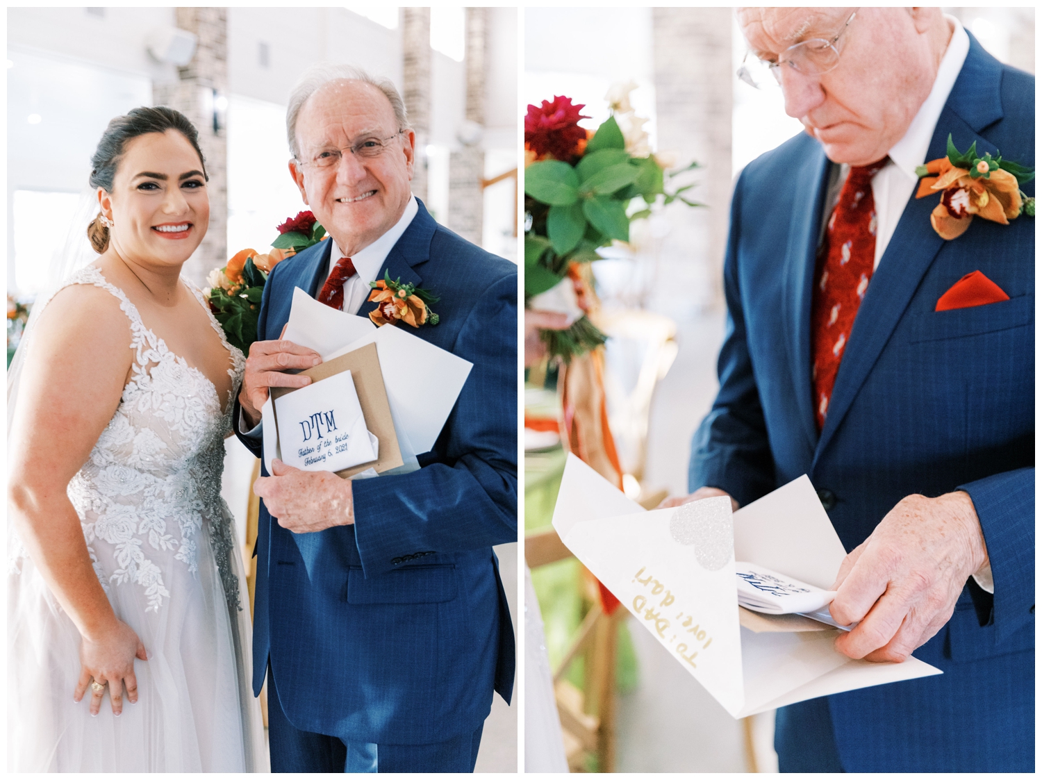 bride and father gift exchange inside Arrowhead Hill wedding venue