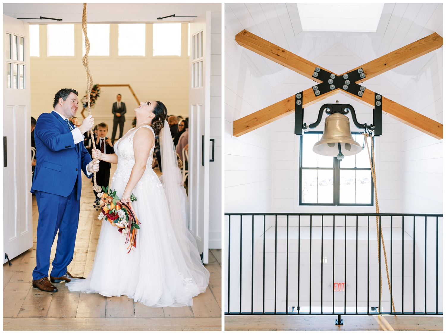 bride and groom ringing bell at Arrowhead Hill wedding venue