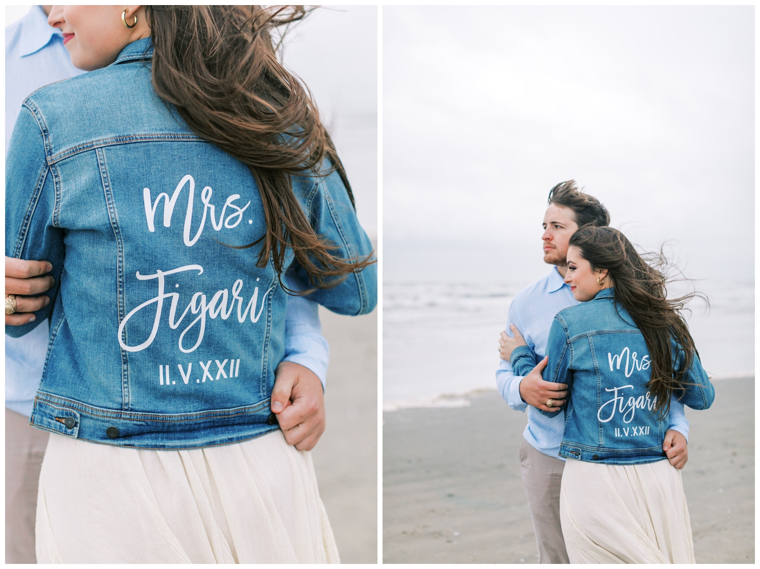 couple portraits on Galveston beach with bride in monogrammed denim jacket