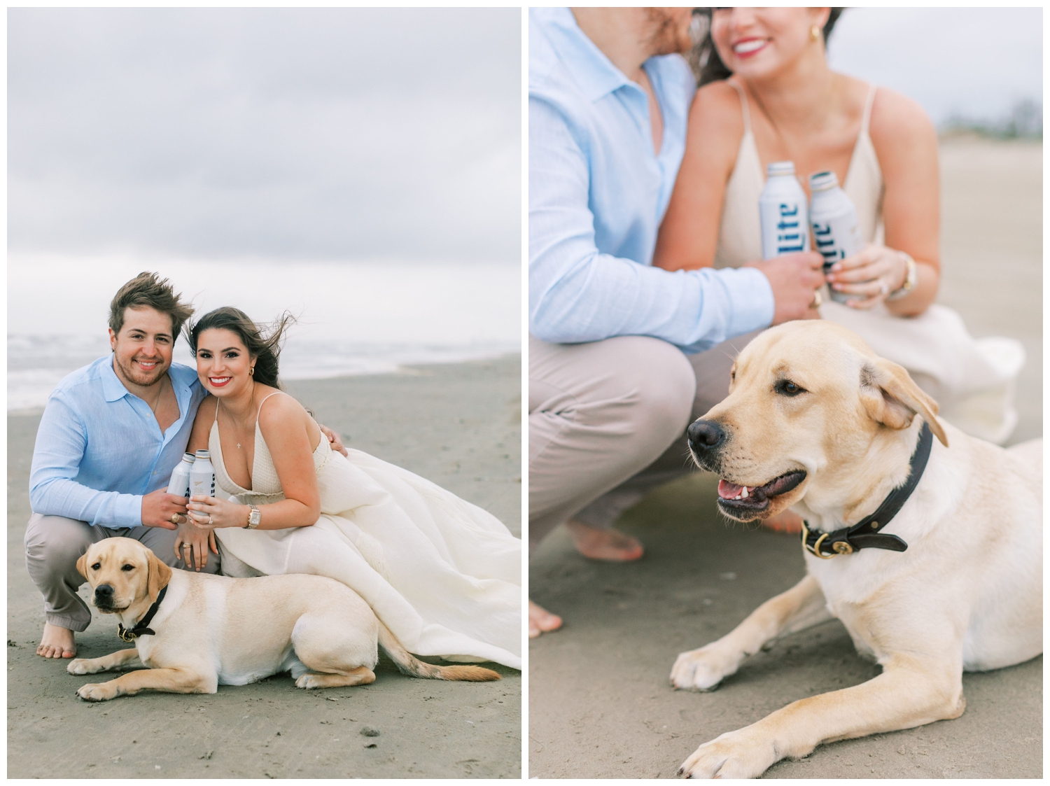 couple posing with dog on Galveston beach
