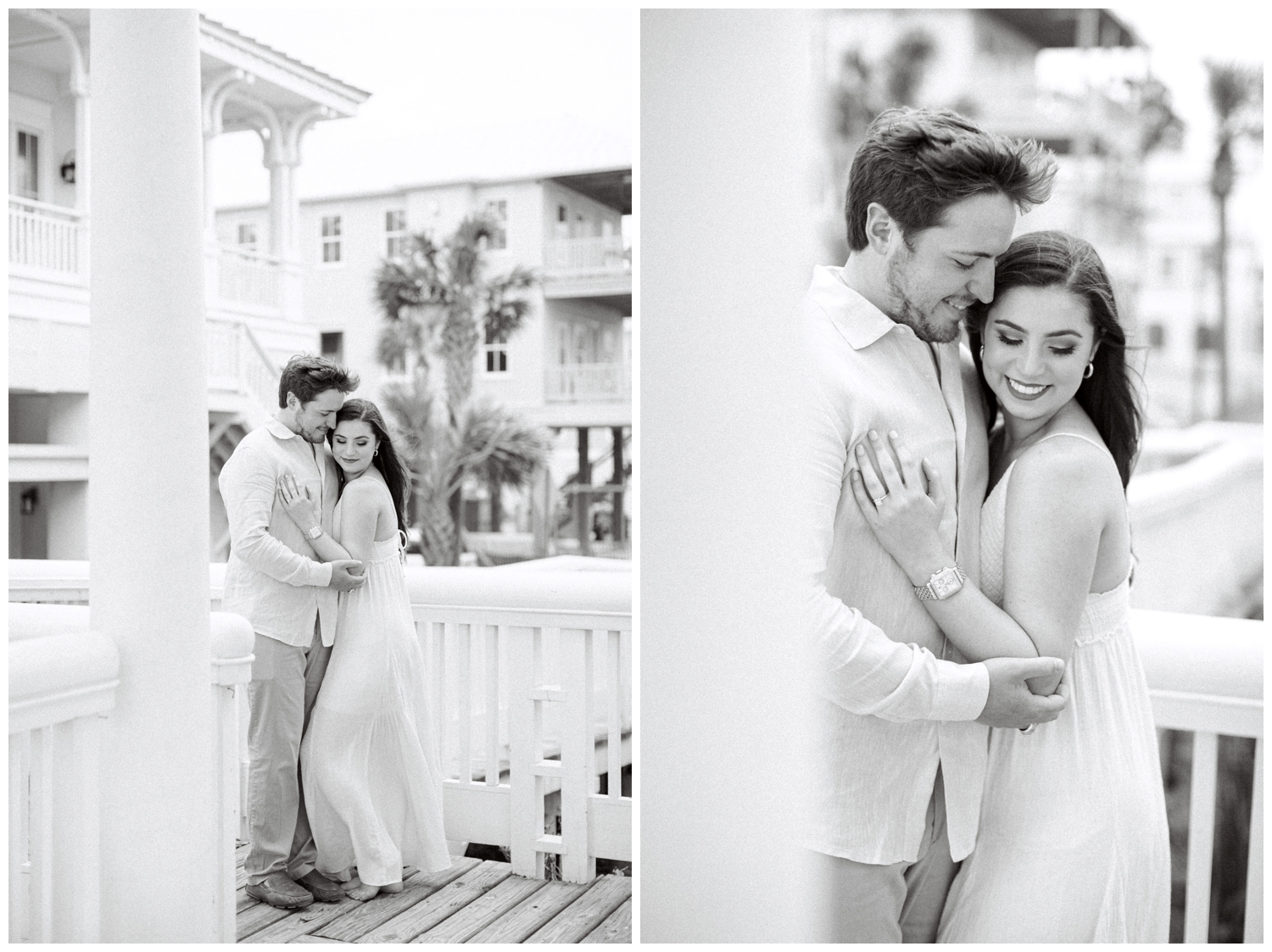 Galveston engagement session with black and white portrait of couple hugging