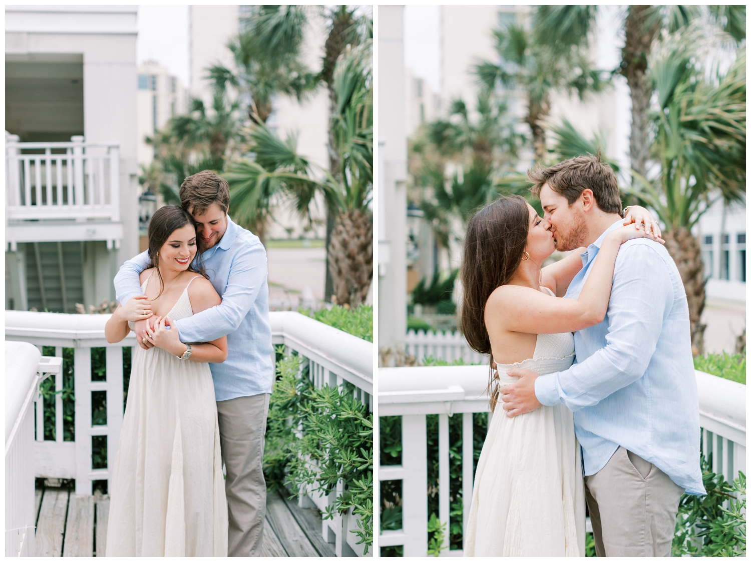 couple kissing on the Galveston boardwalk