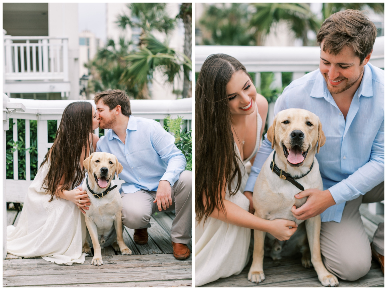 couple posing with their dog in Galveston, Texas