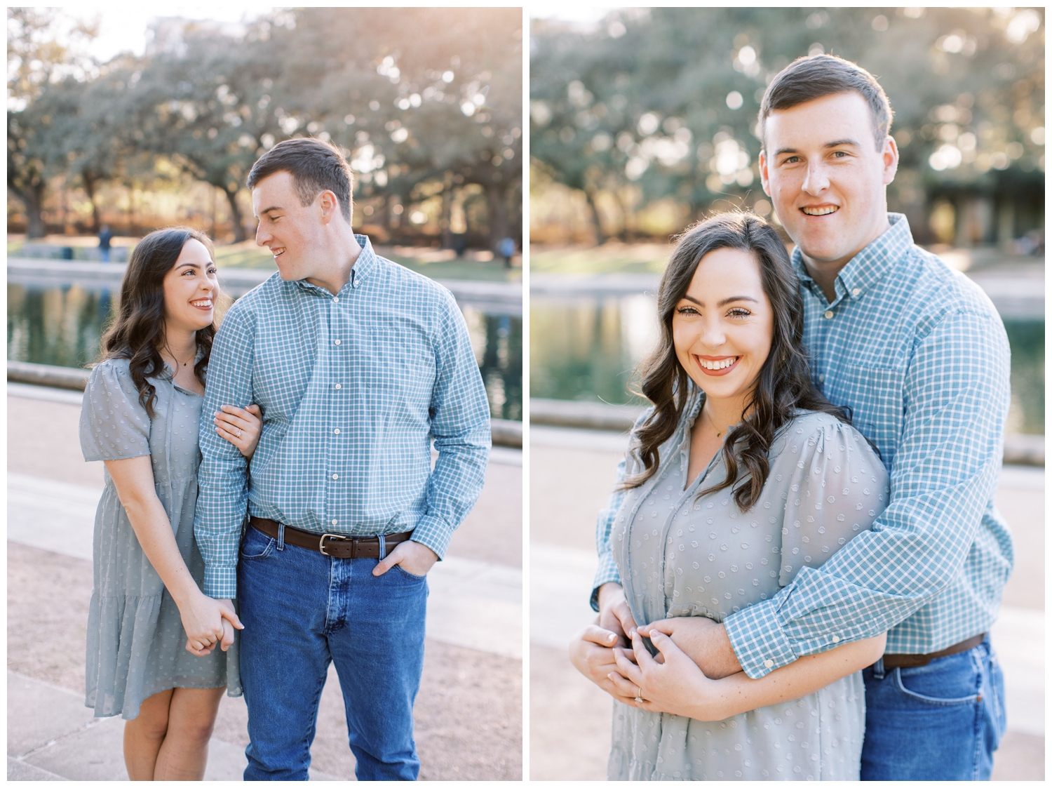 couple holding hands at Houston engagement session at Hermann Park
