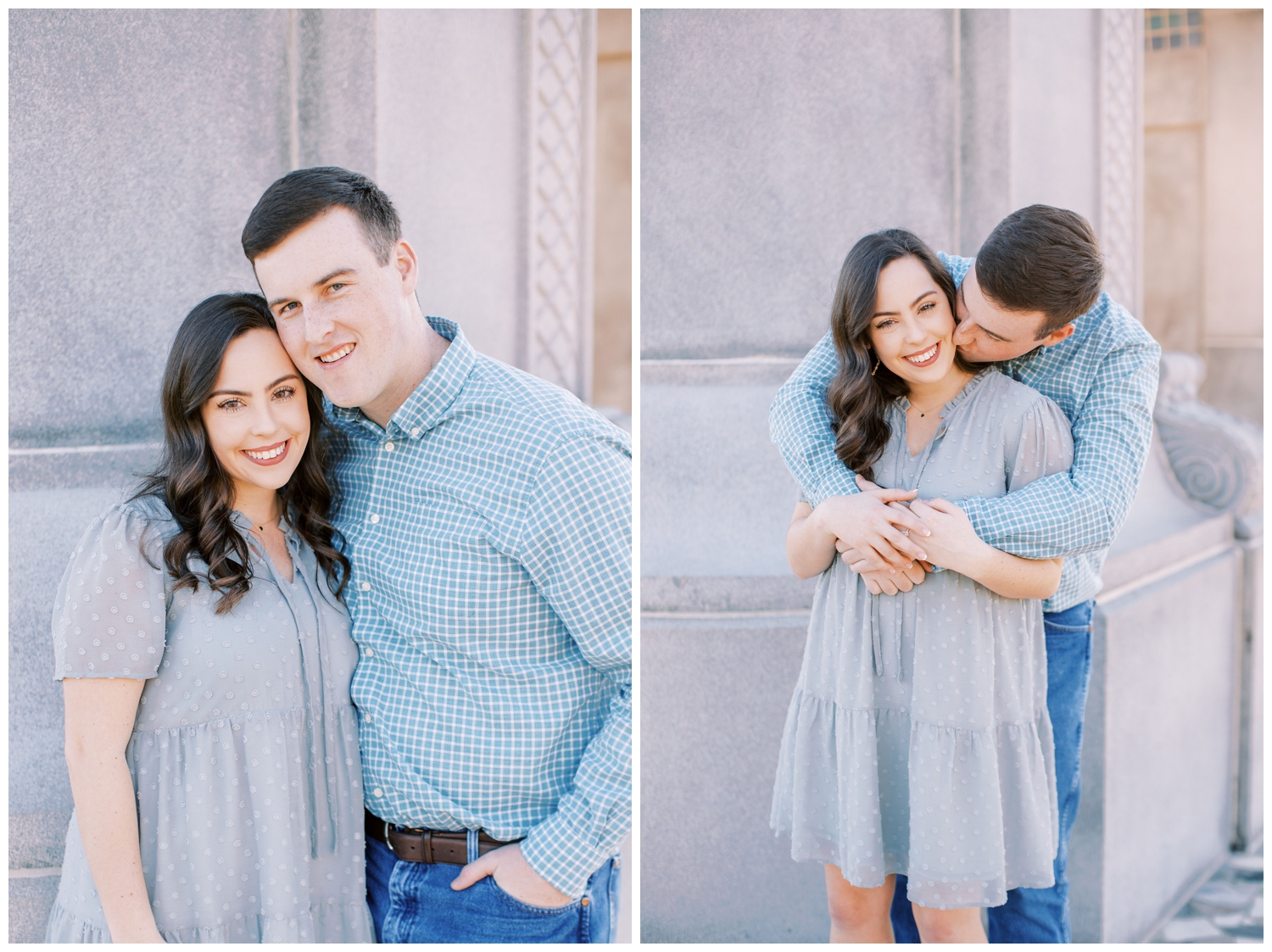 couple portraits in front of monument at Hermann Park