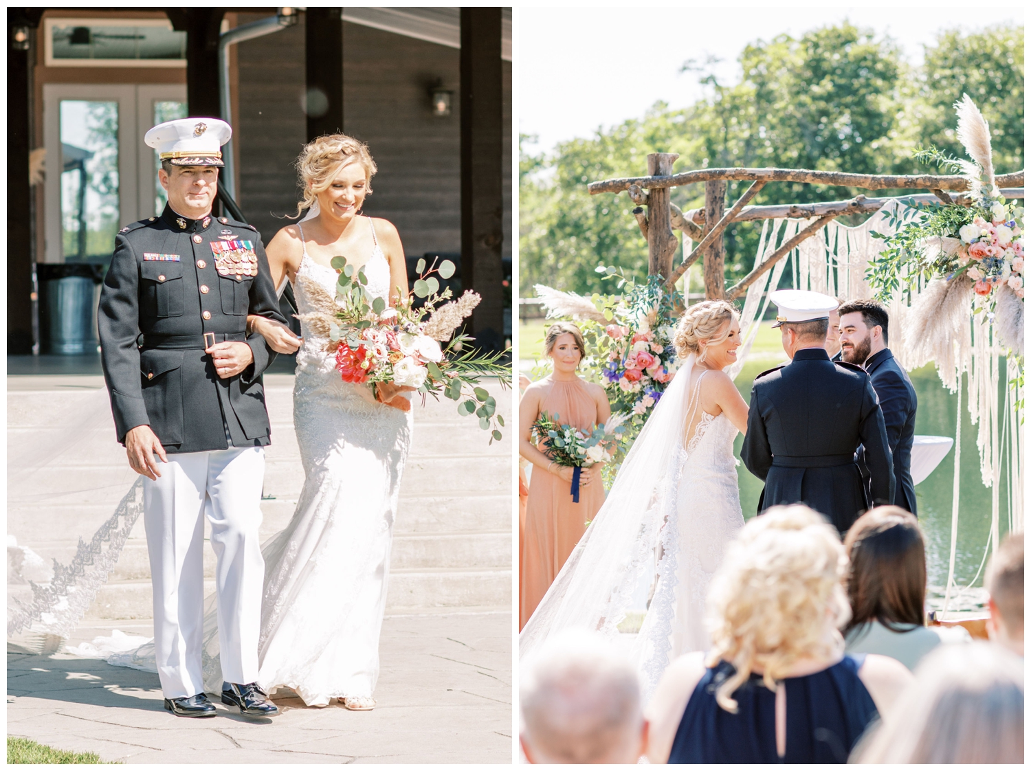 father walking bride down for Peach Creek Ranch wedding outdoor ceremony