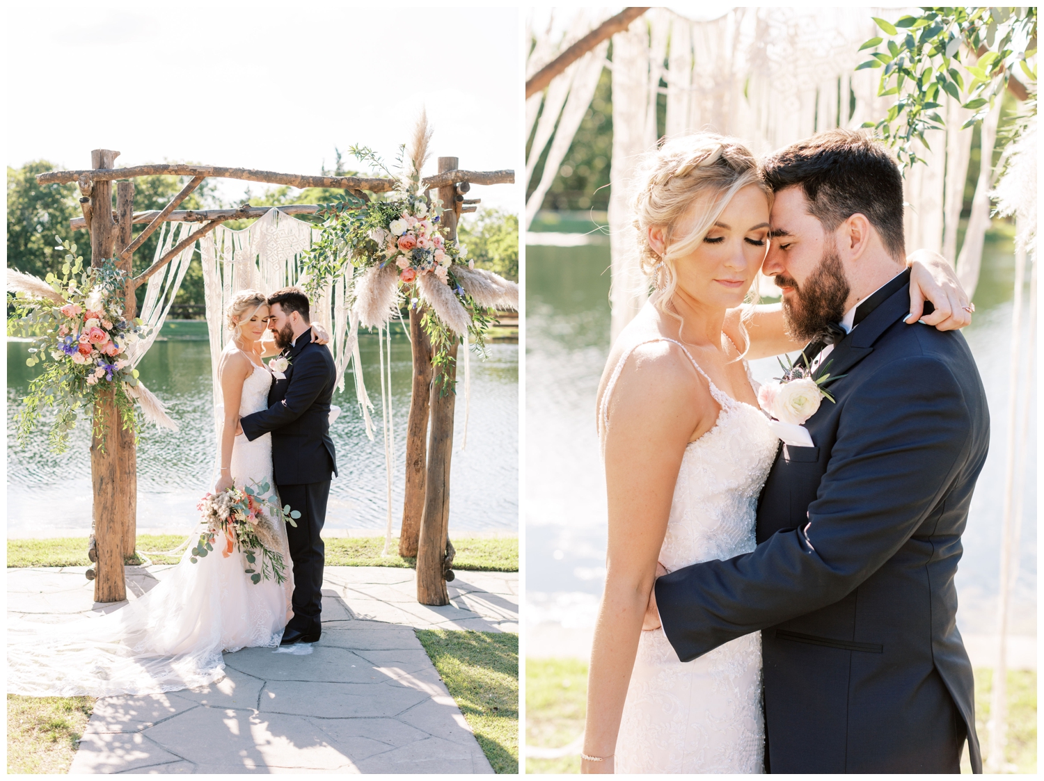 bride and groom posing in front of arch by pond at Peach Creek Ranch Wedding venue