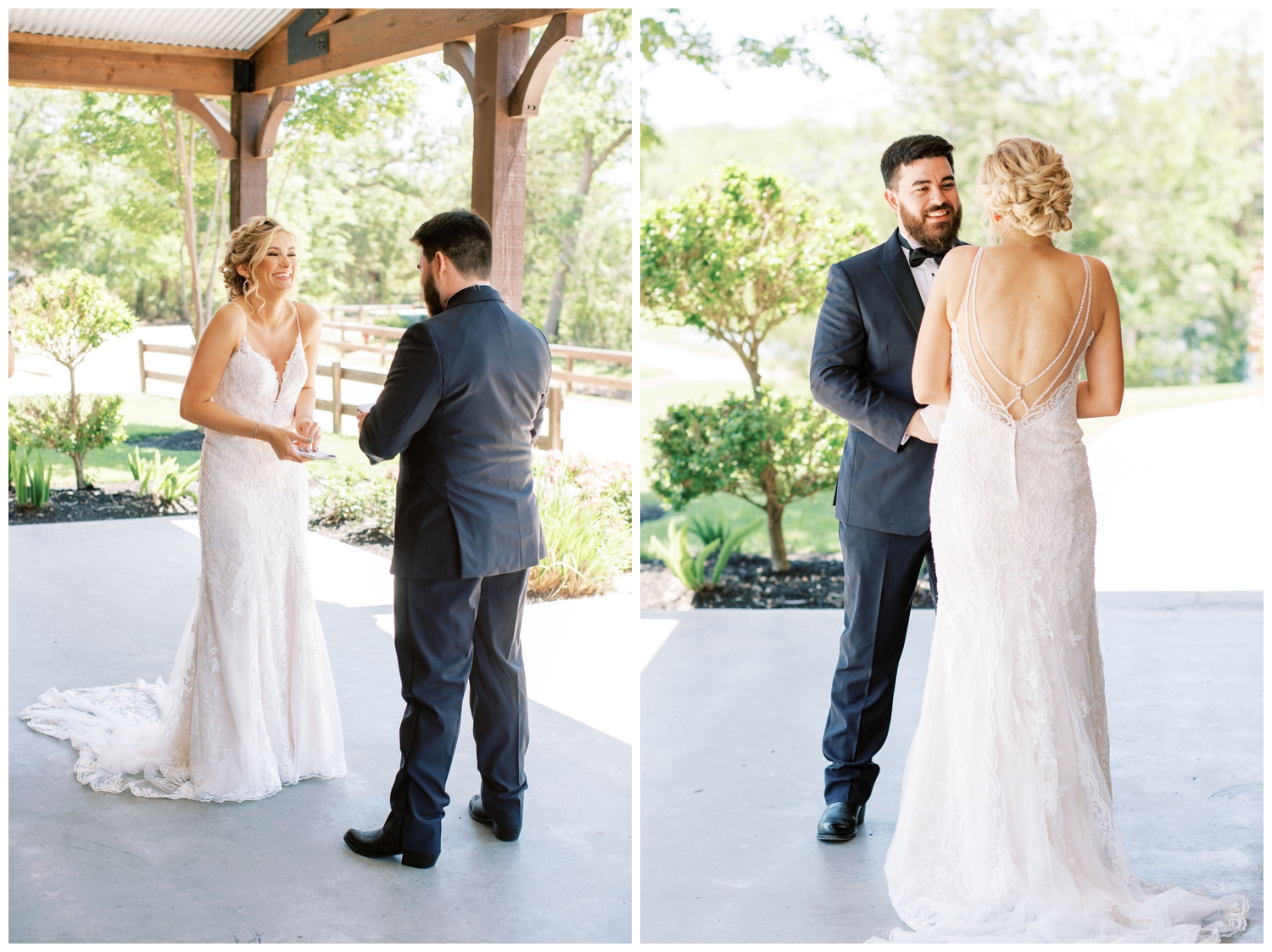 bride and groom first look outside at Peach Creek Ranch Wedding venue