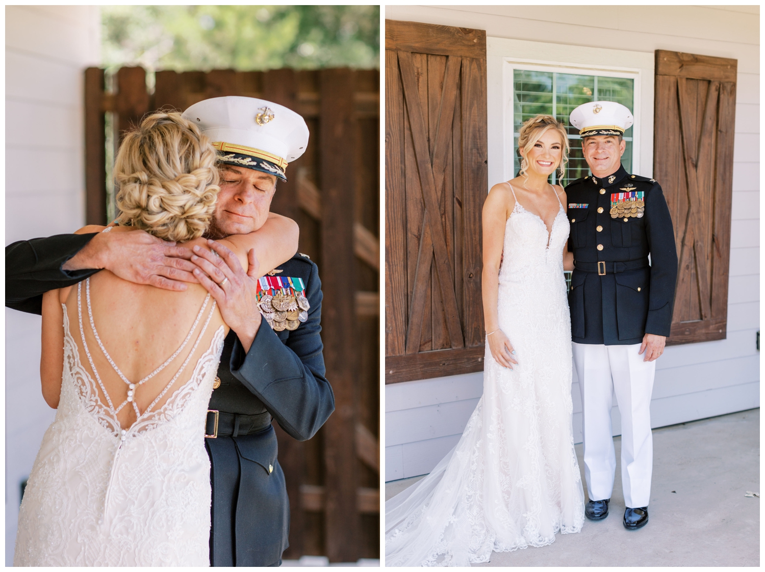 bride and father hugging outside at Peach Creek Ranch Wedding venue after their first look