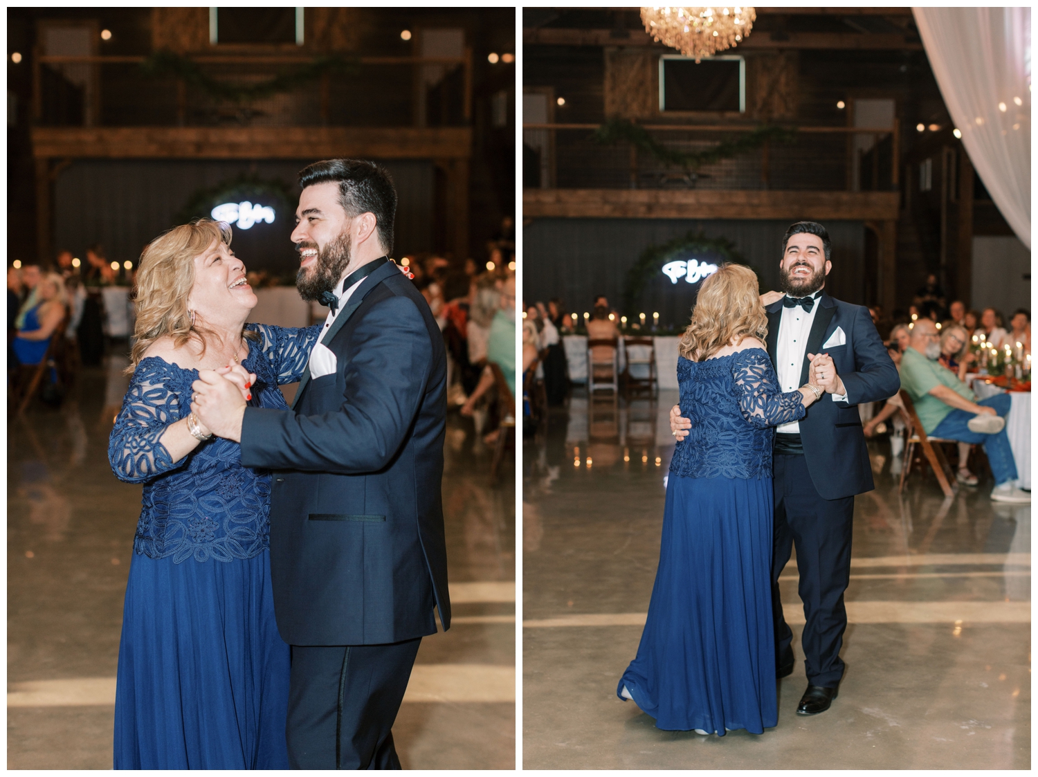 Peach Creek Ranch wedding reception hall with groom and mother dancing together