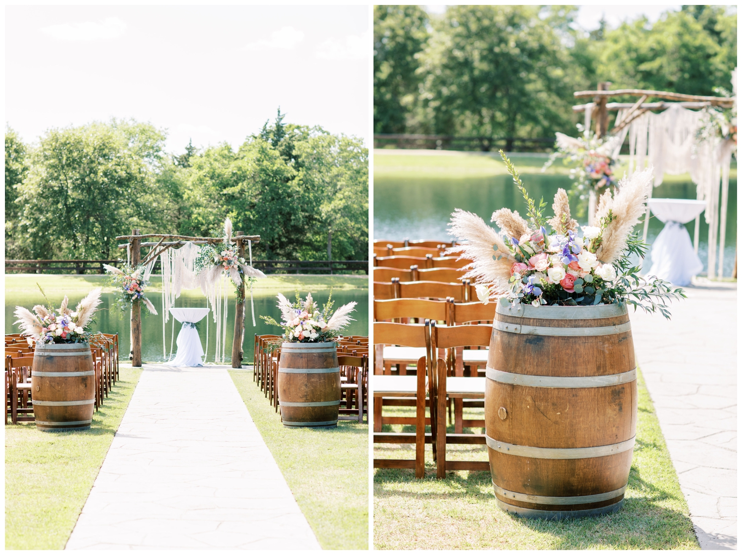 Peach Creek Ranch wedding outdoor ceremony set up with floral installation and barrels with florals