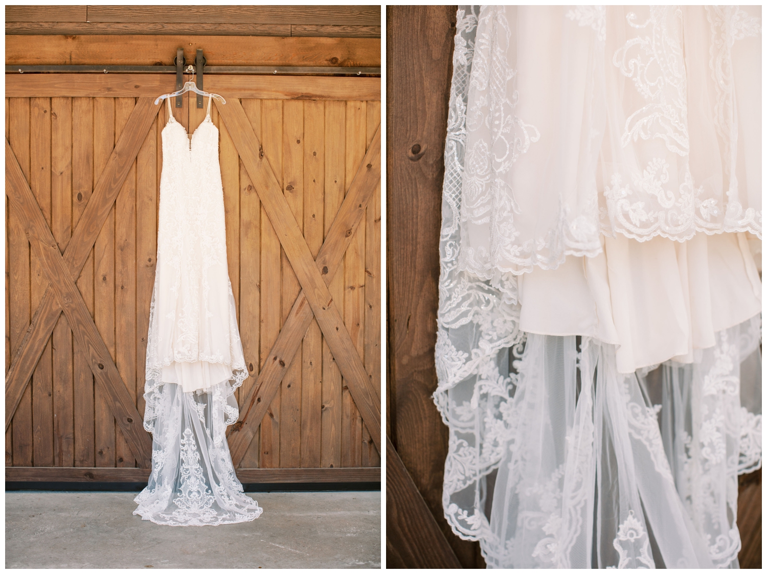 wedding gown hanging from the door outside Peach Creek Ranch Wedding venue in College Station