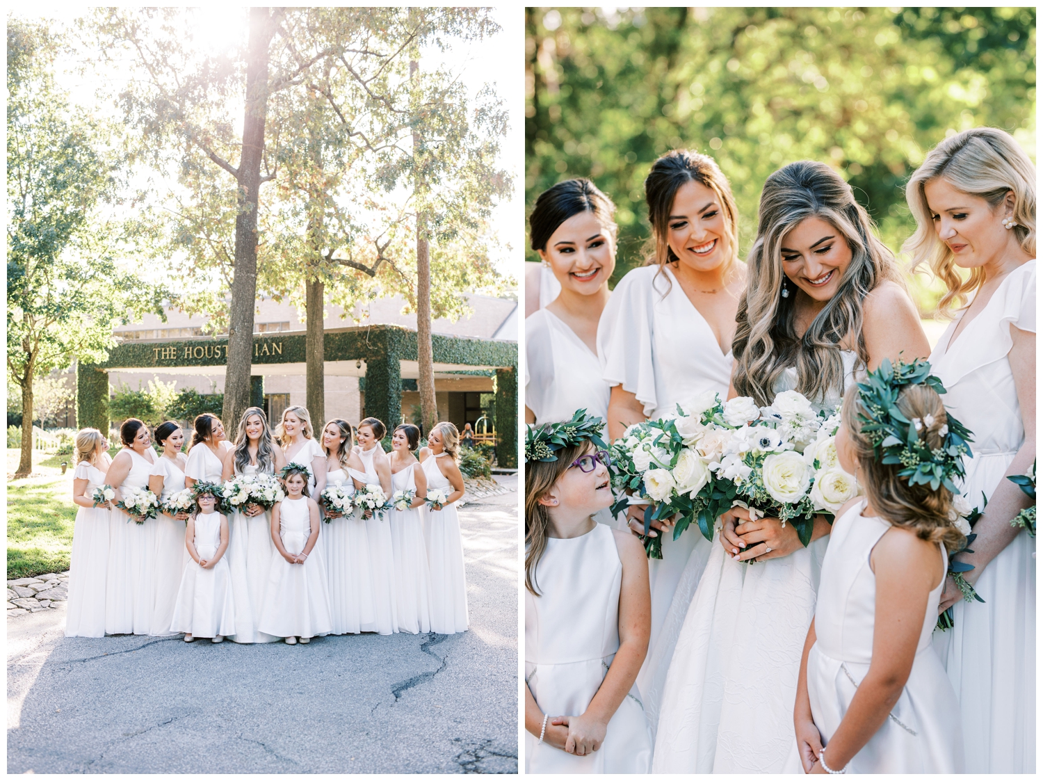 bridal party with all white bridesmaid dresses outside at the Houstonian Hotel wedding
