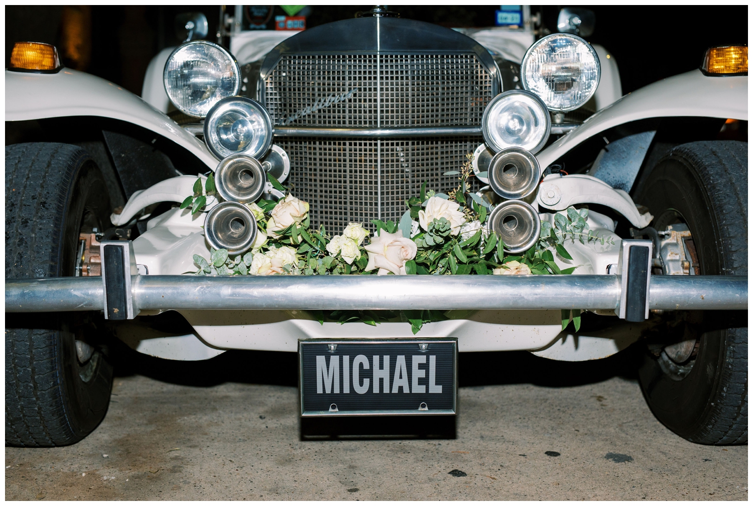 personalized license plate on get away car at at The Houstonian Hotel wedding