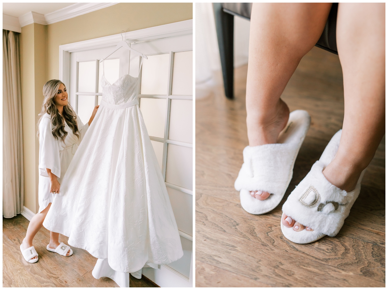 bride holding wedding dress with I Do house shoes inside the Houstonian Hotel wedding venue