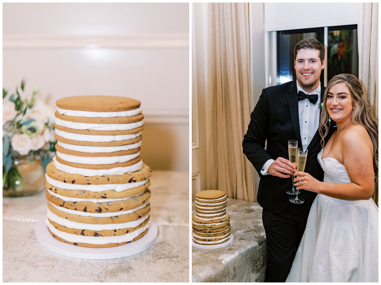 bride and groom toasting plus photo of layered cookie cake