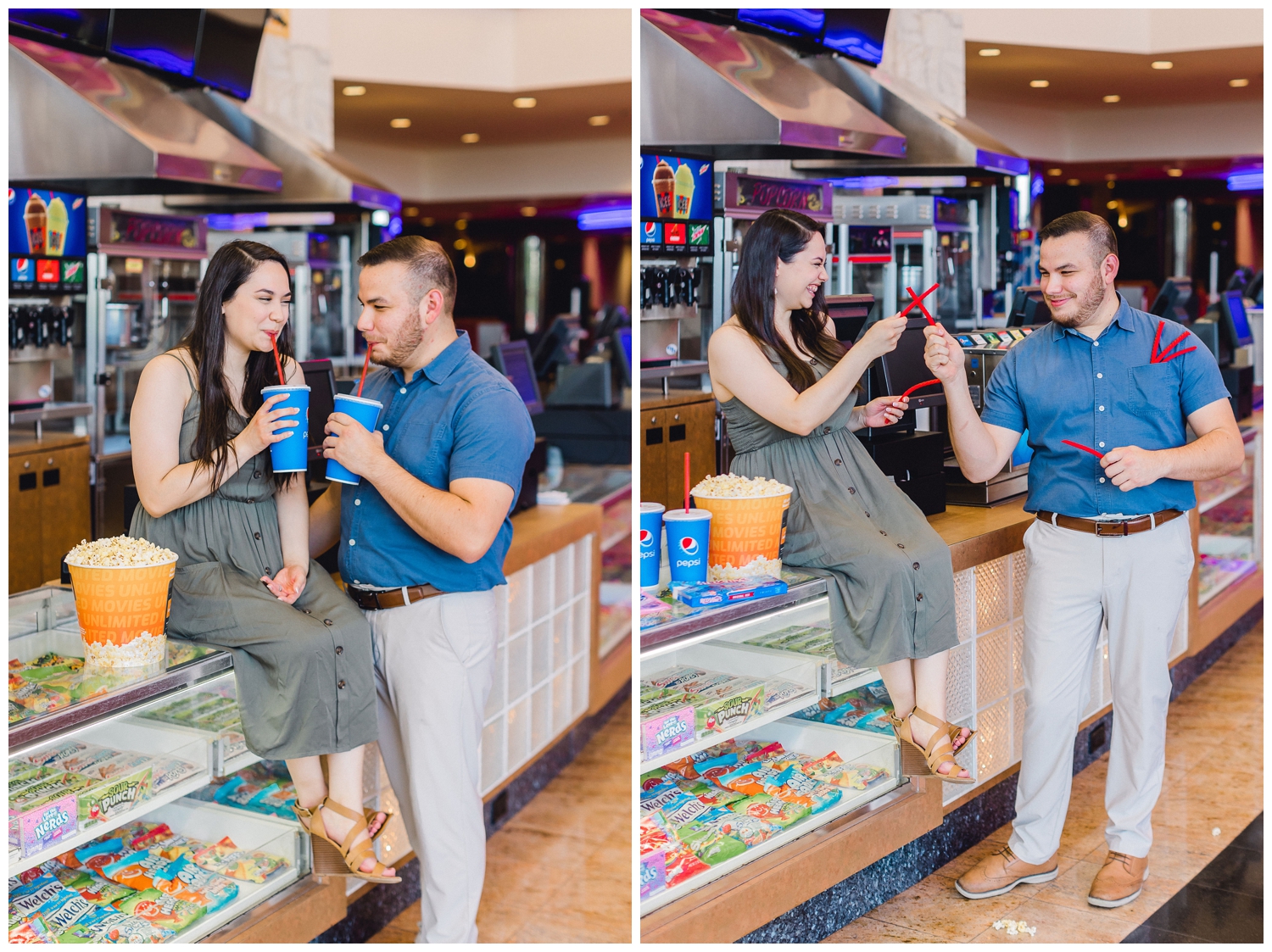 couple sitting on concession stand inside movie theater eating candy
