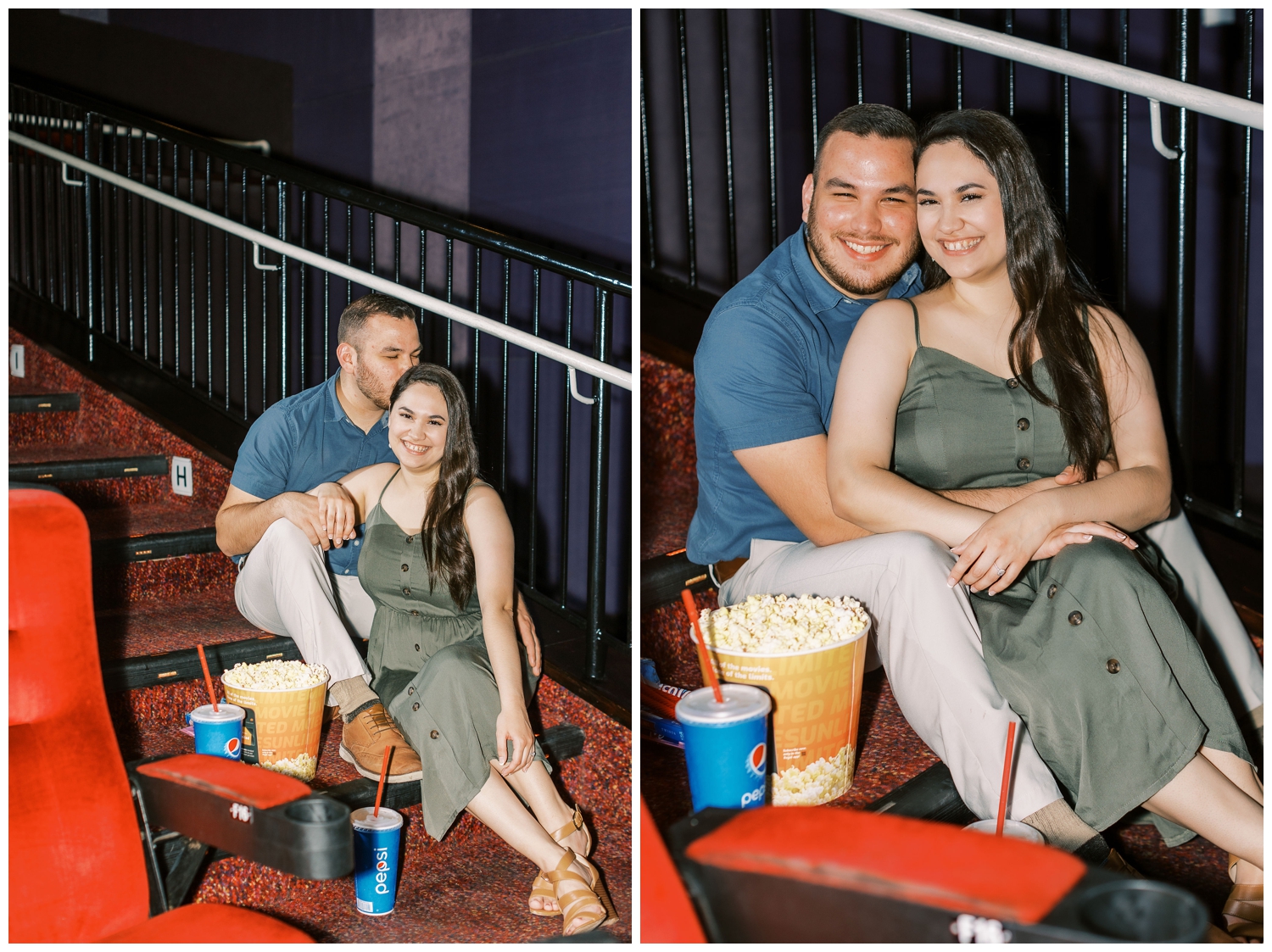 couple hugging inside movie theater on red seats