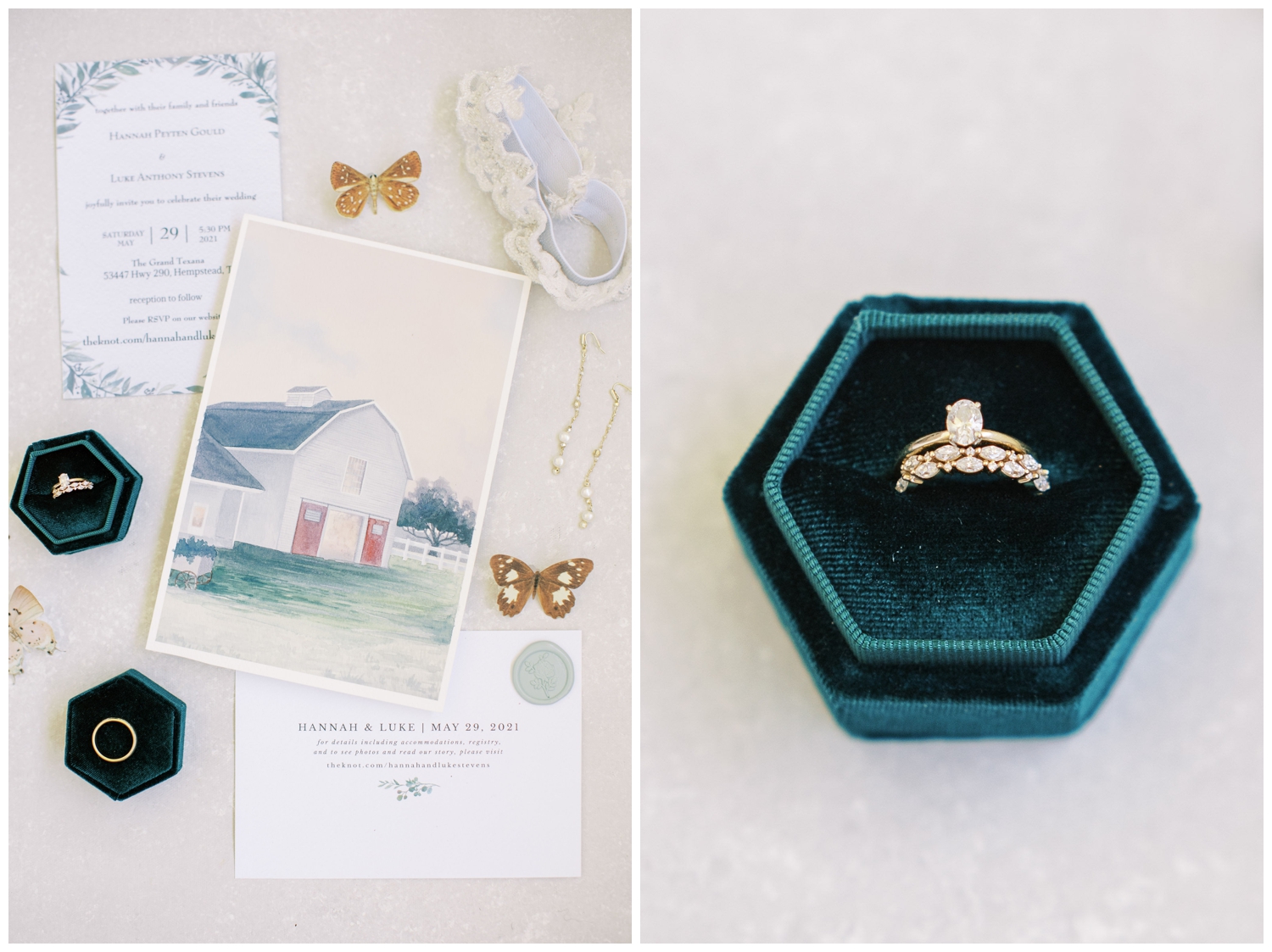 emerald ring box and invitation suite with The Grand Texana water color drawing
