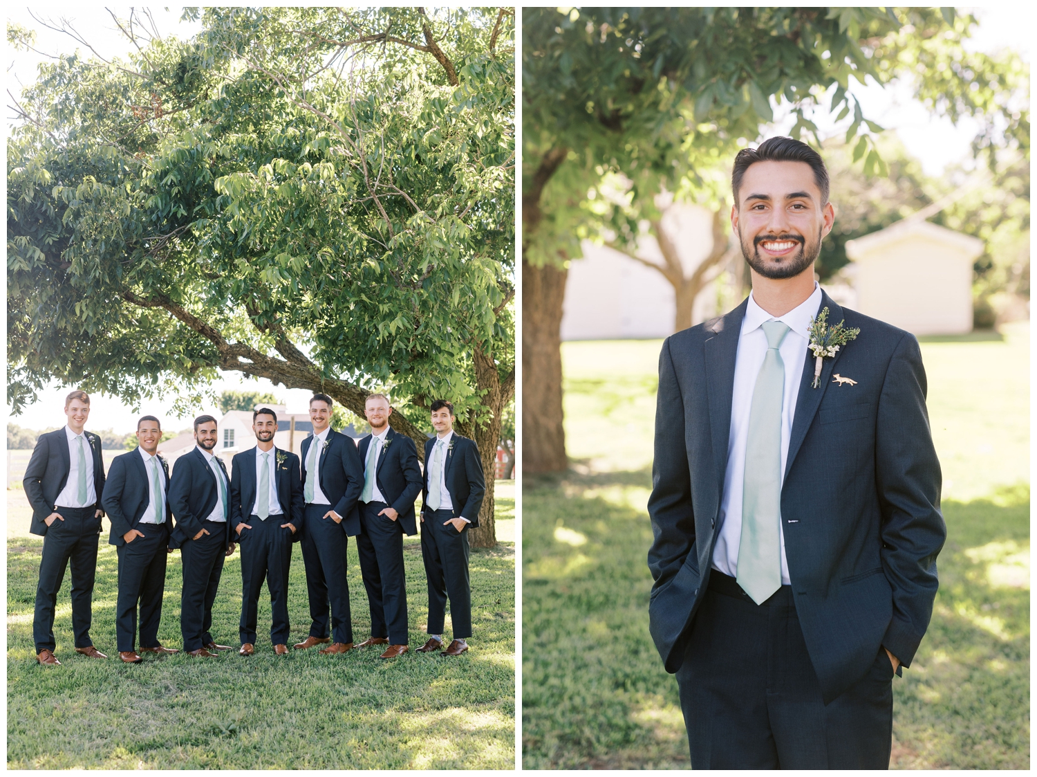groom portrait and groomsmen outdoors at Houston white barn wedding