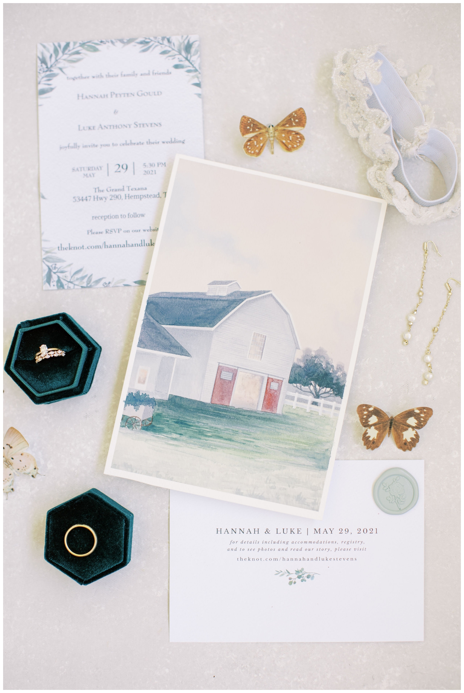 The Grand Texana drawing in invitation suite for white barn wedding