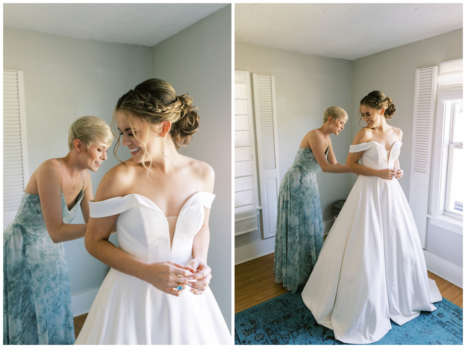 mom buttoning brides dress inside the bridal suite at The Grand Texana